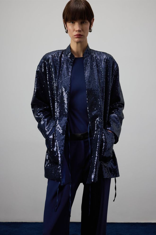 Touche Prive Navy Blue Kimono Elegant Sequined Tie Closure Wholesale Clothing 5