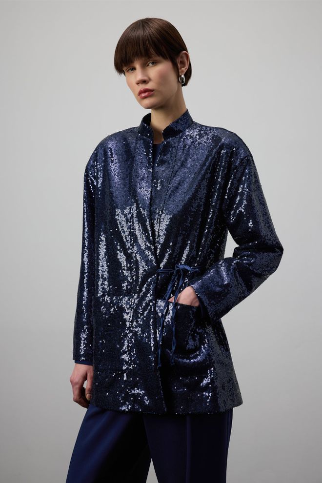 Touche Prive Navy Blue Kimono Elegant Sequined Tie Closure Wholesale Clothing Formal