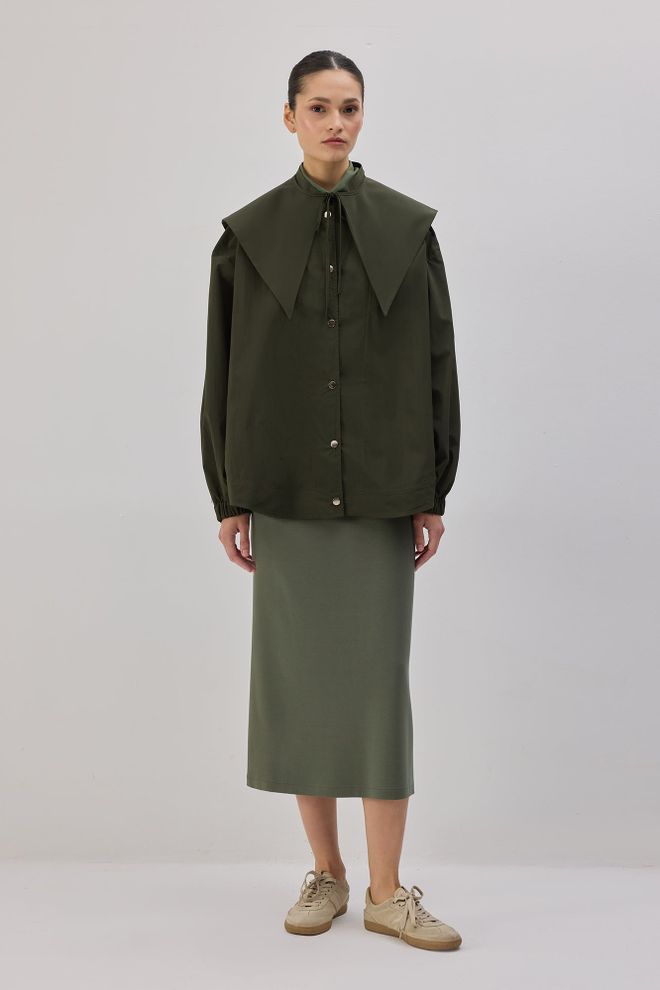 Touche Prive Chaqueta Camisa De Sobrecamisa Verde Con Cuello Banda Ropa al por mayor Modesto