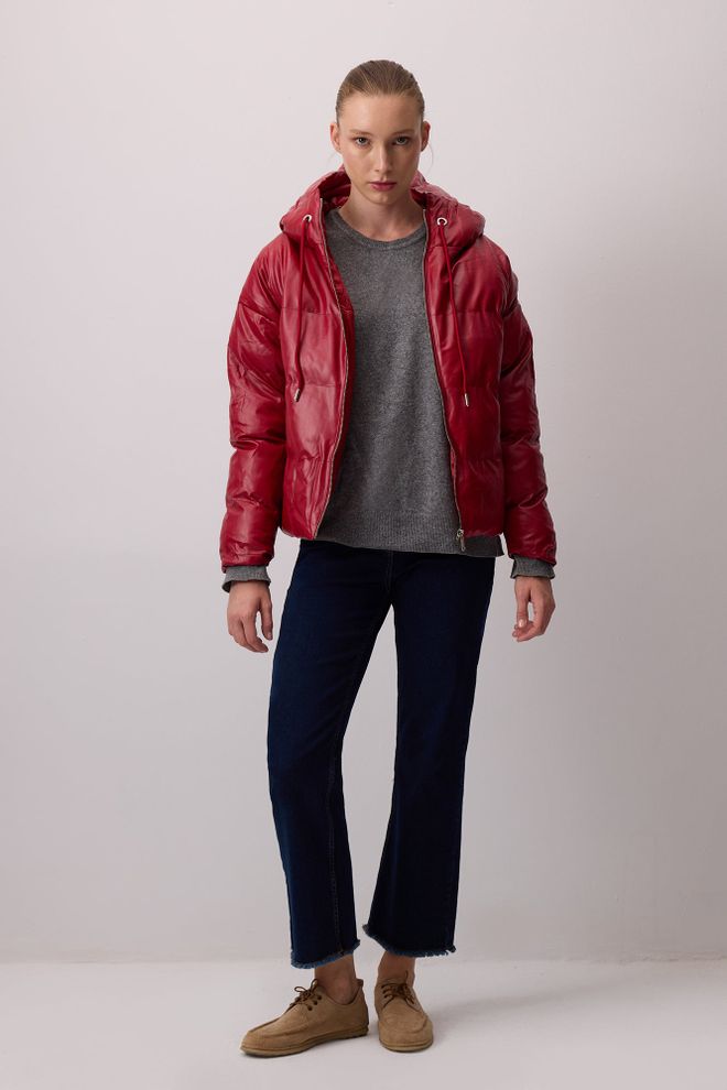 Touche Prive Kırmızı Kapüşonlu Şişme Kaban Fermuarlı Ceplerle Toptan Giyim Gündelik