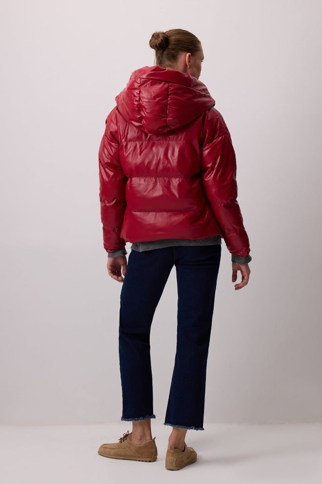 Touche Prive Red Hooded Puffer Coat With Zipper Pockets Wholesale Clothing Sport