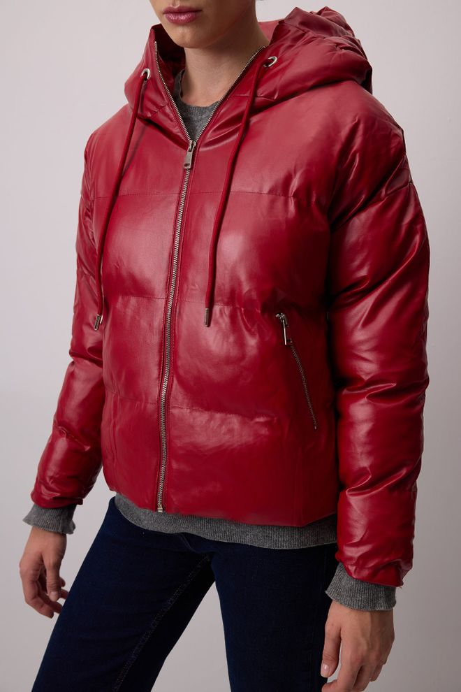 Touche Prive Red Hooded Puffer Coat With Zipper Pockets Wholesale Clothing Fall