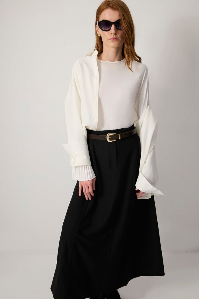 Touche Prive Düğmeli Kapatmalı Yüksek Bel Siyah A Kesim Maxi Etek Toptan Giyim Tesettür