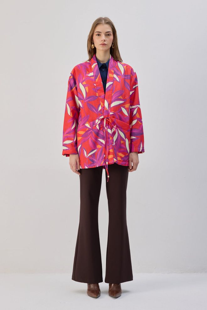 Touche Prive Kırmızı Çiçekli Anvelop Kaban Band Yaka Toptan Giyim Gündelik