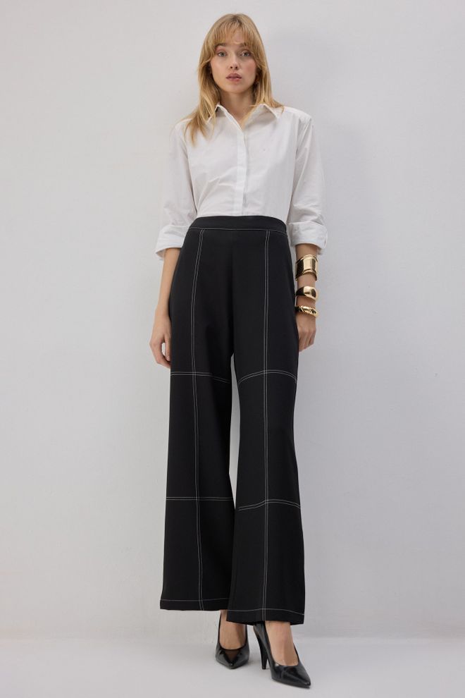 Touche Prive Juodos Spalvos Rėžinėta Elegantiška Palazzo Kelnės Su Aukšta Juosmens Linija Didmeninė prekyba drabužiais Kokteilinė