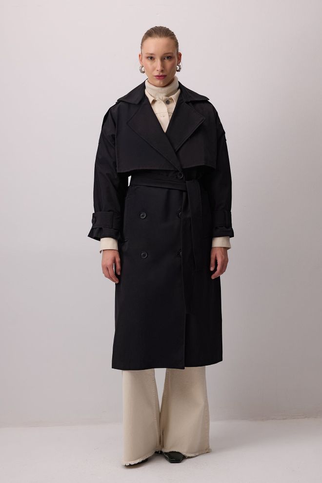 Touche Prive Preto Gabardine Elegante Double Breasted Com Botões Roupas por atacado Casual