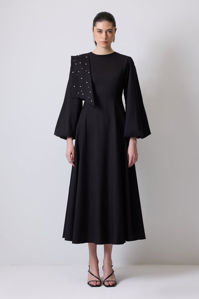 Touche Prive Siyah Zarif Fit & Flare Midi Elbise Uzun Balon Kol Toptan Giyim Tesettür