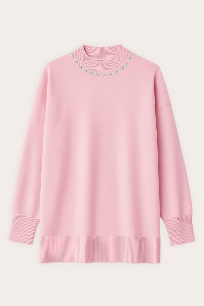 Touche Prive Pembe Zarif Gündelik Nostaljik Kolej Işıltılı Retro Kazak Toptan Giyim Gündelik