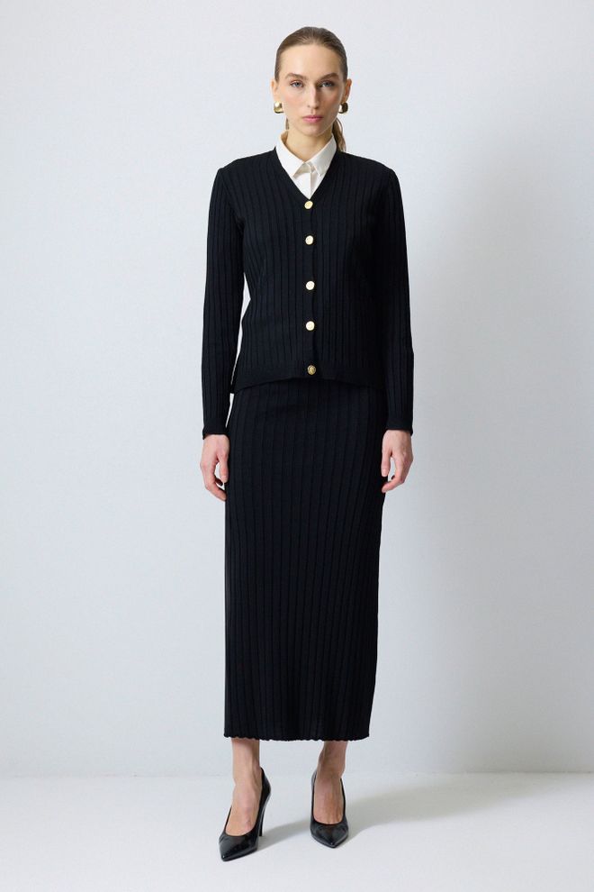 Touche Prive Siyah Zarif Resmi Çizgili Kalem Etekli Set Toptan Giyim Tesettür