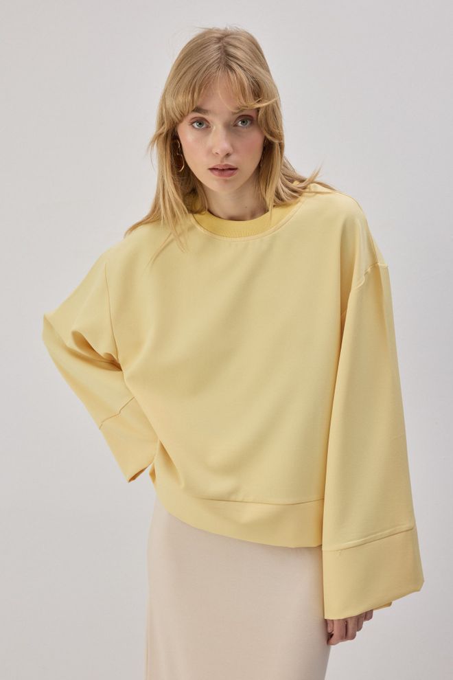 Touche Prive Sarı Bol Kesim Yuvarlak Yakalı Bluz Toptan Giyim Tesettür