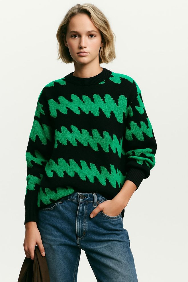 Touche Prive Schwarz Pullover Mit Bürstenstrich Muster Großhandelskleidung Lässig