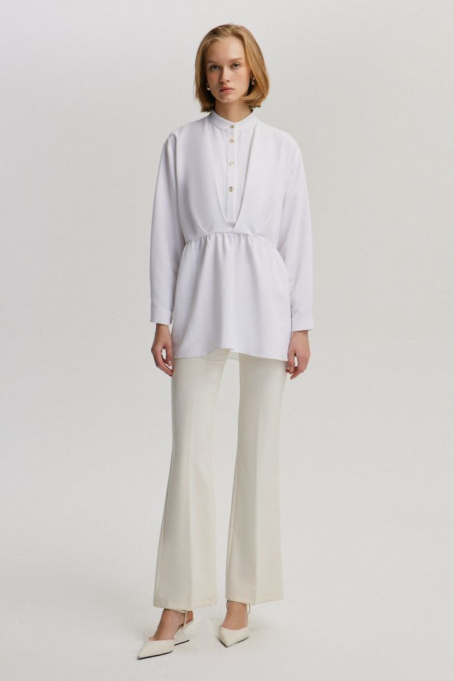 Touche Prive Beyaz Zarif Tesettürlü Şal Yaka Tunik Toptan Giyim Tesettür