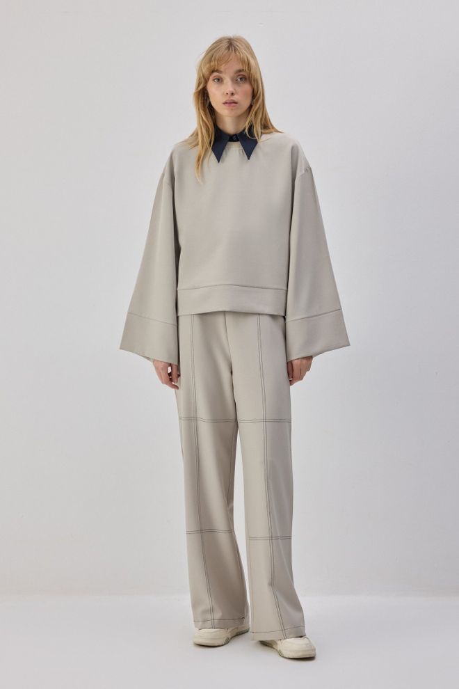 Touche Prive Bej Gündelik Tesettür Zarif Bluz Polo Yaka İle Toptan Giyim Tesettür