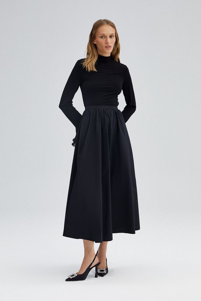 Touche Prive Siyah Zarif Resmi Midi Flare Etek Toptan Giyim Tesettür