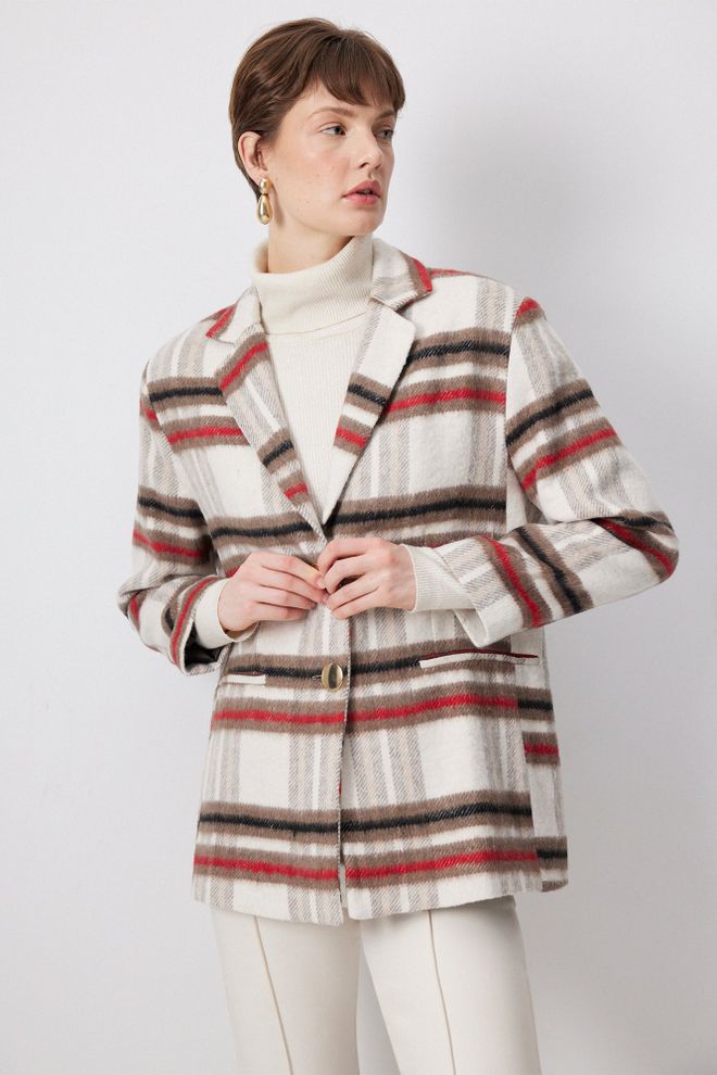 Touche Prive Weiß Kariertes Einreihiges Blazer Jacke Großhandelskleidung Lässig