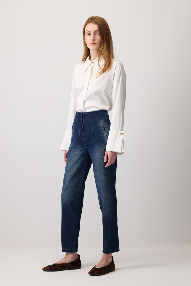 Touche Prive Blue Tapered Carrot Pants With High Waist Wholesale Clothing Spring