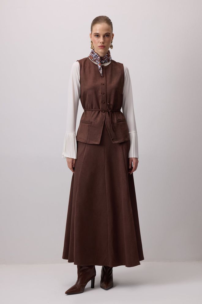 Touche Prive Kahverengi Zarif Resmi Set Toptan Giyim Tesettür