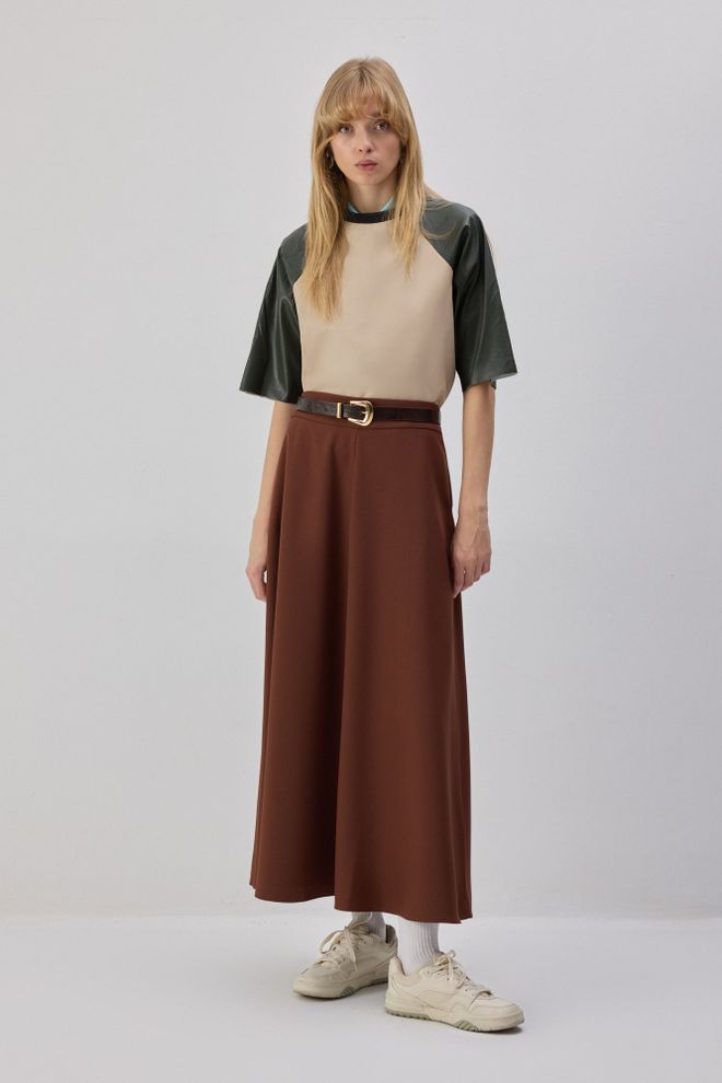 Touche Prive Kahverengi Flared Maksi Orta Bel Lastikli Toptan Giyim Tesettür