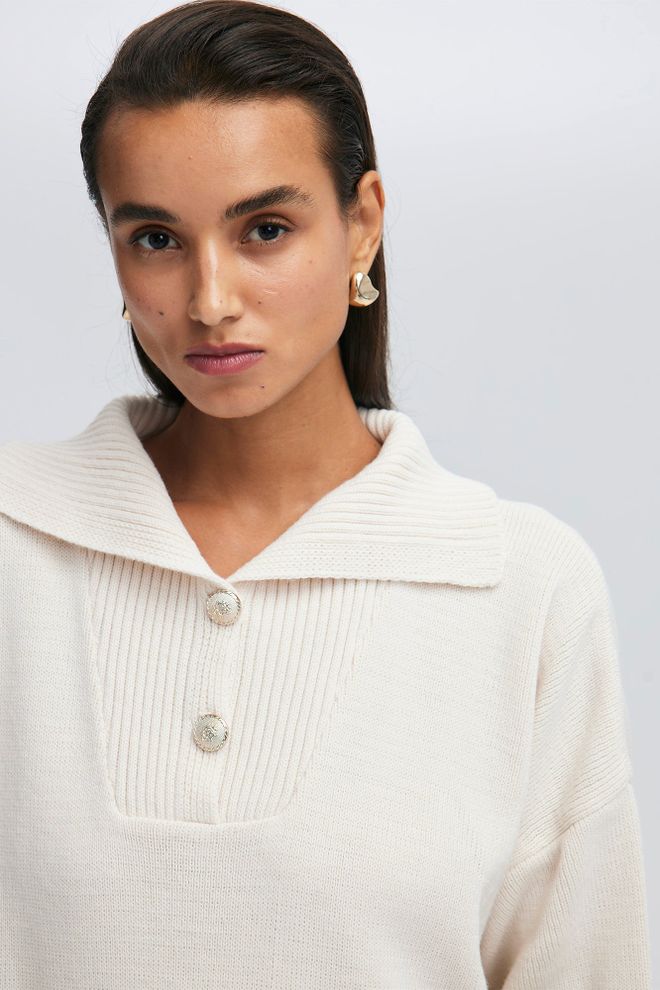 Touche Prive Beige Sweater With Notched Neck And Oversized Fit Wholesale Clothing Formal