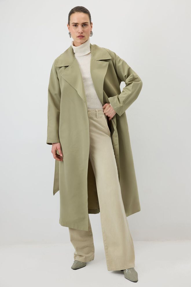 Touche Prive Haki Trençkot Zarif Tek Düğmeli Bağlamalı Kapanış Toptan Giyim Gündelik