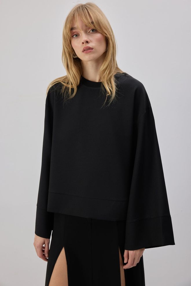 Touche Prive Siyah Oversize Kalıp Bisiklet Yakalı Bluz Toptan Giyim Gündelik