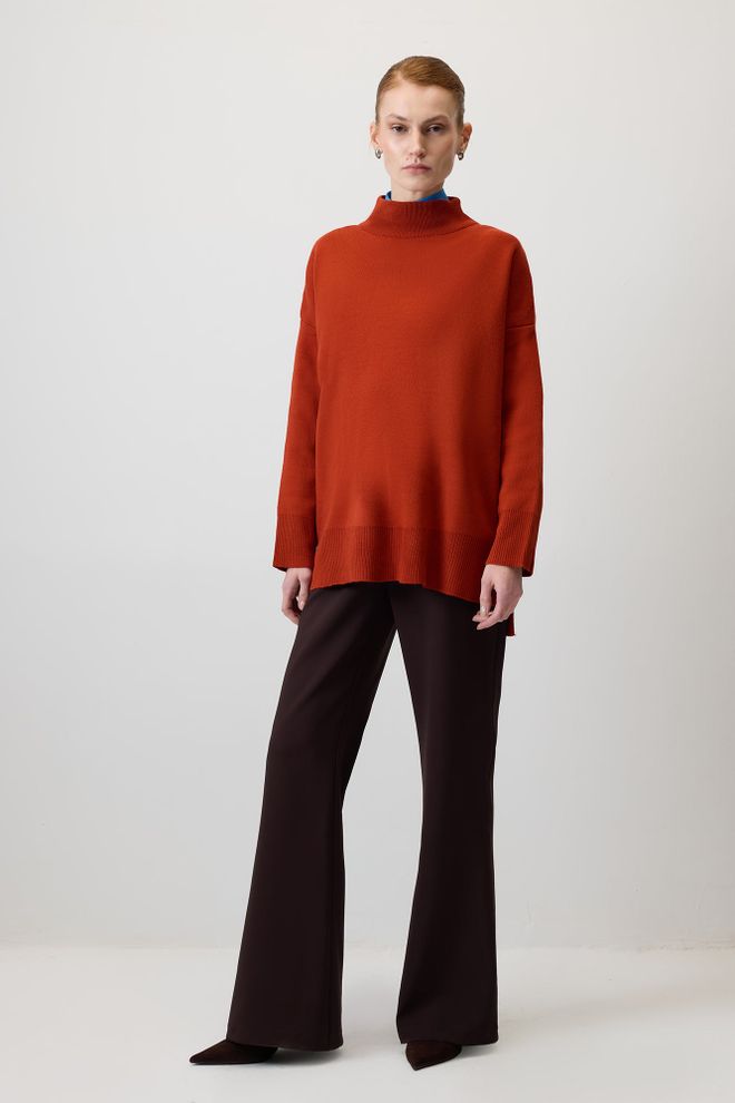 Touche Prive Turuncu Bol Kalıp Balıkçı Yaka Kazak Toptan Giyim Gündelik