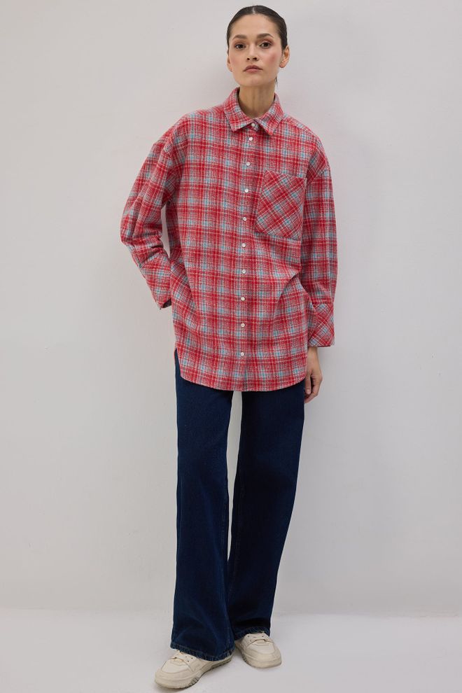 Touche Prive Červená Károvaná Oversized Košeľa S Golierom Polo Veľkoobchod s oblečením Neformálny