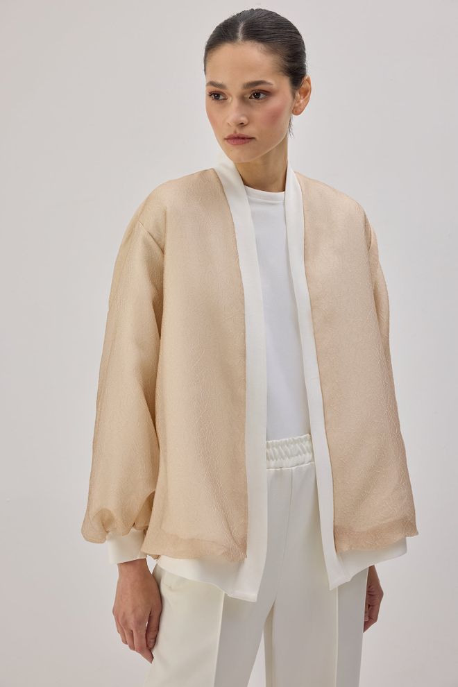 Touche Prive Beige Wrapover Jacket With Band Collar Wholesale Clothing 1