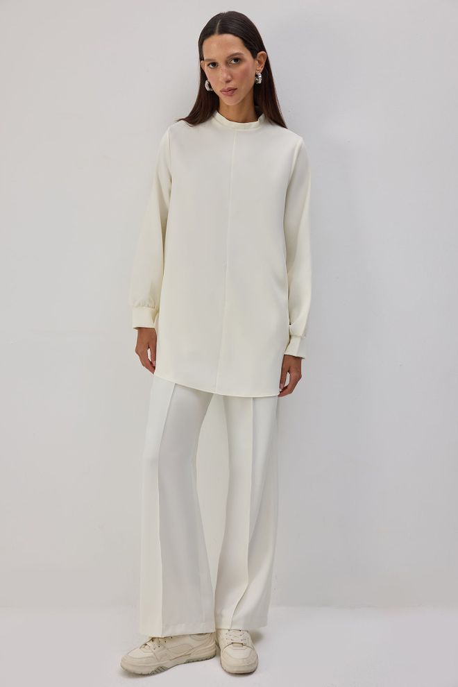 Touche Prive Beyaz Zarif Tesettür Tunik Balıkçı Yakalı Toptan Giyim Tesettür