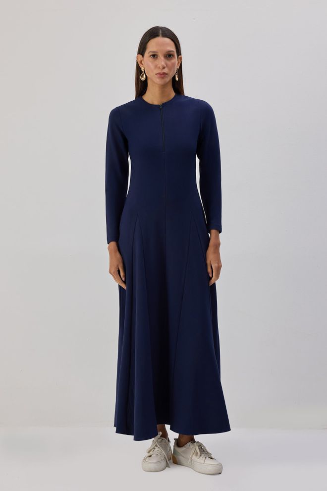 Touche Prive Lacivert A Kesim Yer Hizasında Elbise Uzun Kollu Toptan Giyim Tesettür