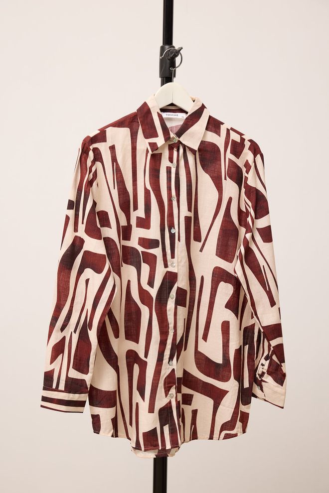 Touche Prive Brown Geometric Pattern Buttoned Long Sleeve Shirt Wholesale Clothing Spring