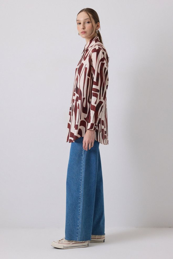 Touche Prive Brown Geometric Pattern Buttoned Long Sleeve Shirt Wholesale Clothing 1