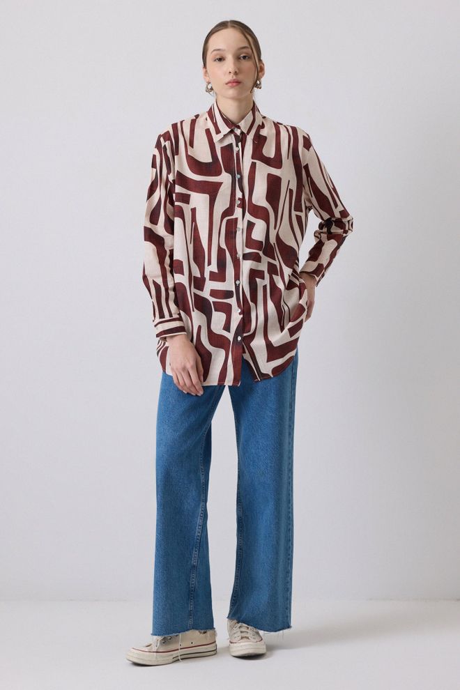 Touche Prive Brown Geometric Pattern Buttoned Long Sleeve Shirt Wholesale Clothing Vintage