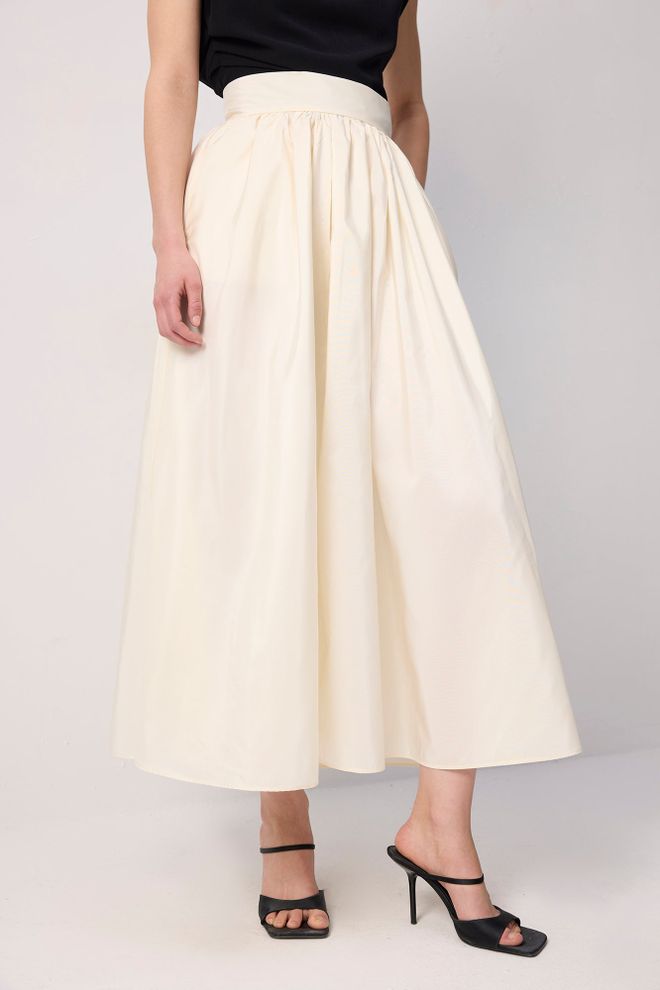 Touche Prive Bej Zarif Maksi Volanlı Etek Yüksek Bel Toptan Giyim Tesettür