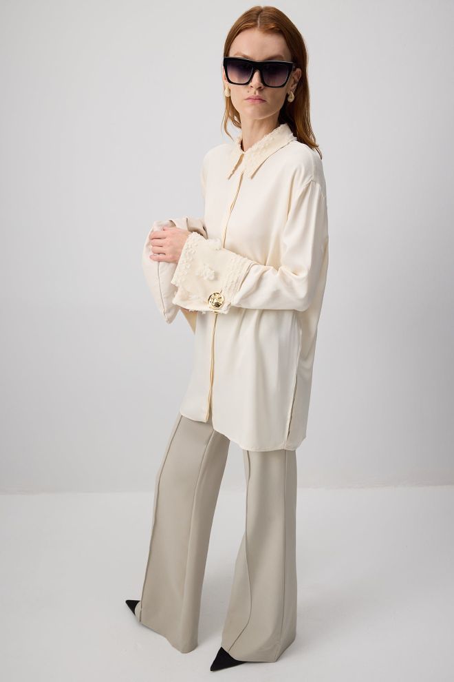 Touche Prive Bej Zarif Resmi Nostaljik Gömlek Toptan Giyim Tesettür