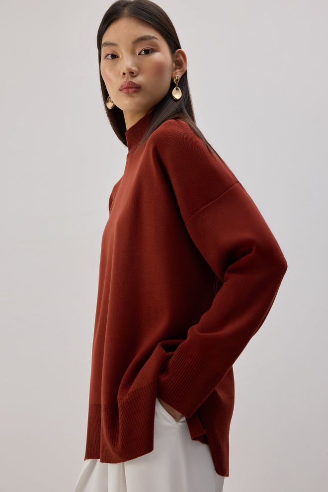 Touche Prive Kahverengi Bol Kalıp Balıkçı Yaka Uzun Kollu Kazak Toptan Giyim Gündelik