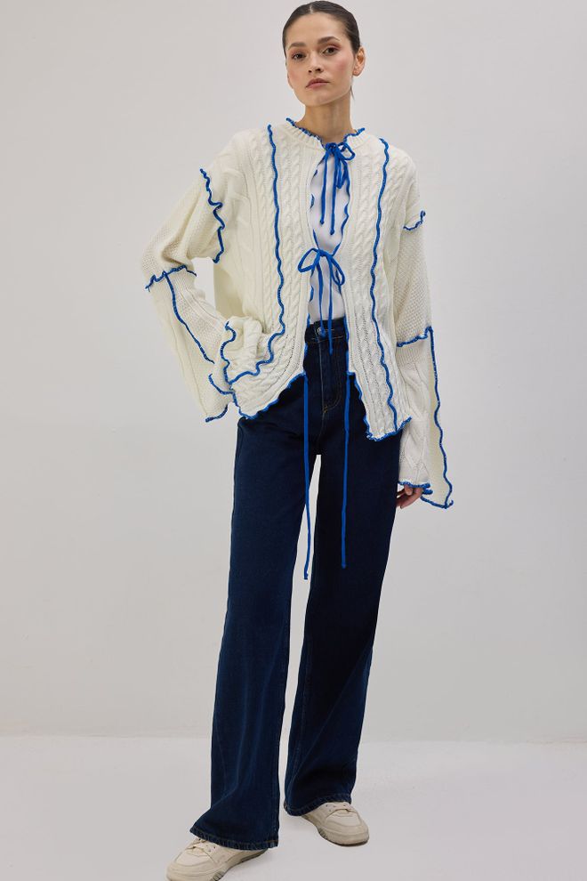 Touche Prive White Casual Tie Cardigan With Long Sleeves Wholesale Clothing 1