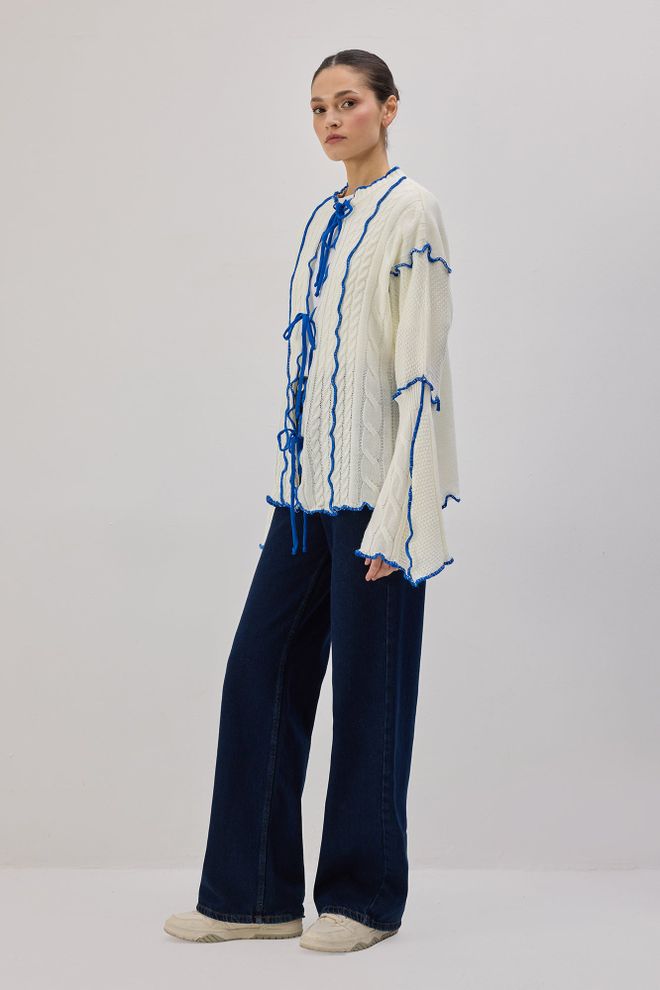 Touche Prive White Casual Tie Cardigan With Long Sleeves Wholesale Clothing 5