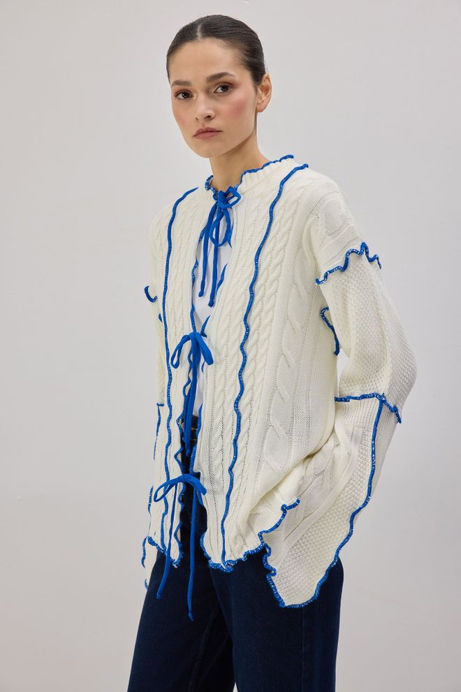 Touche Prive White Casual Tie Cardigan With Long Sleeves Wholesale Clothing Lounge