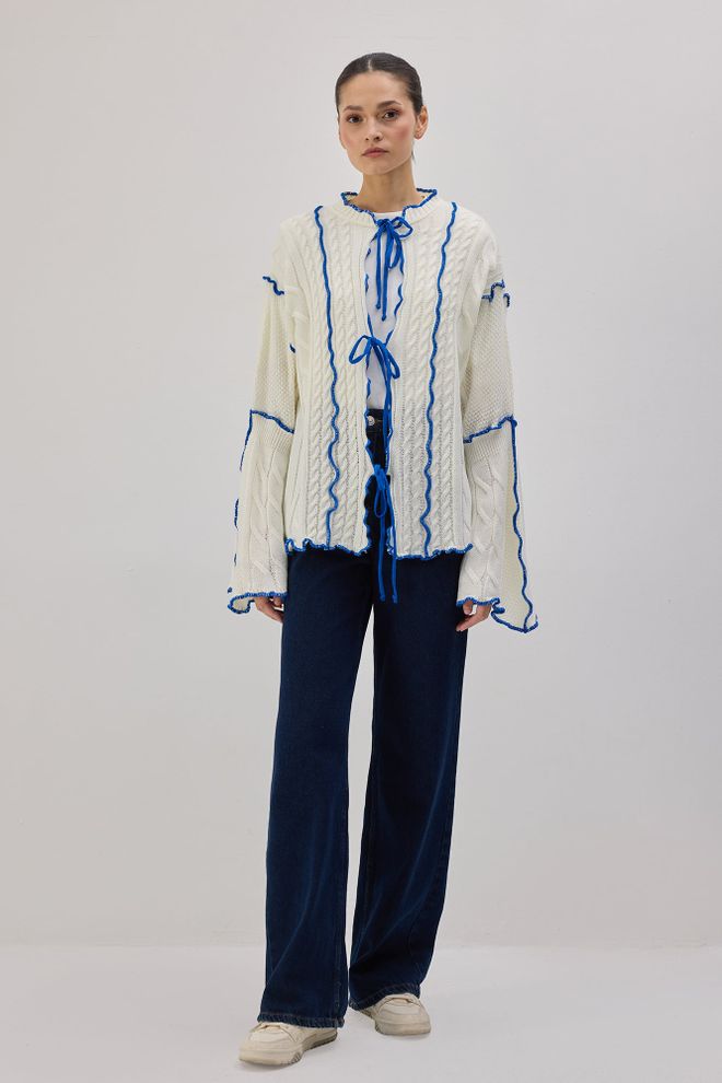 Touche Prive White Casual Tie Cardigan With Long Sleeves Wholesale Clothing Boho