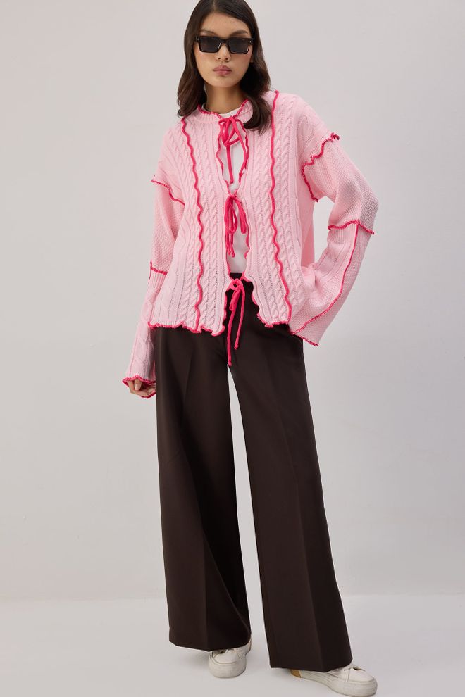 Touche Prive Pink Casual Elegant Tie Cardigan With Ruffle Sleeves Wholesale Clothing 1
