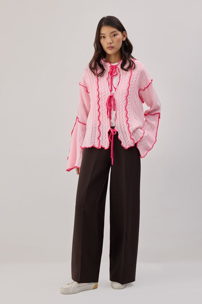 Touche Prive Pink Casual Elegant Tie Cardigan With Ruffle Sleeves Wholesale Clothing Spring