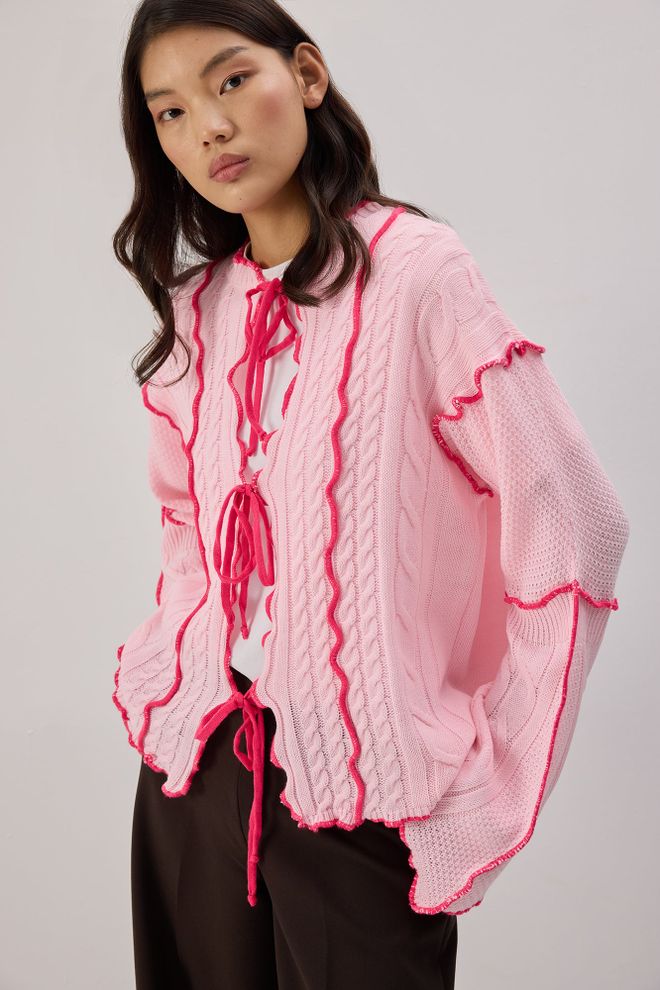 Touche Prive Pembe Gündelik Zarif Bağlamalı Hırka Fırfırlı Kollarla Toptan Giyim Gündelik