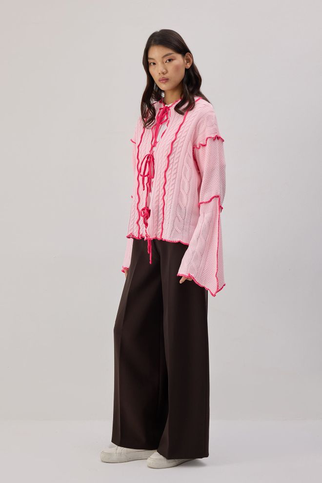 Touche Prive Pink Casual Elegant Tie Cardigan With Ruffle Sleeves Wholesale Clothing Boho