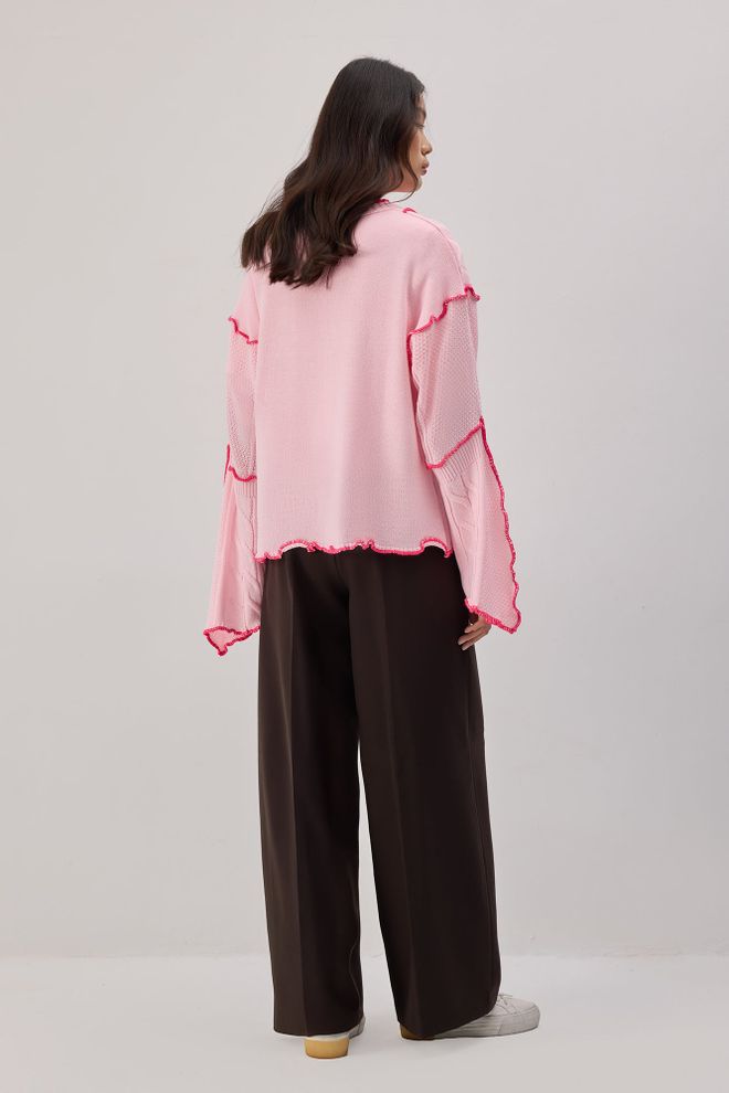 Touche Prive Pink Casual Elegant Tie Cardigan With Ruffle Sleeves Wholesale Clothing 5