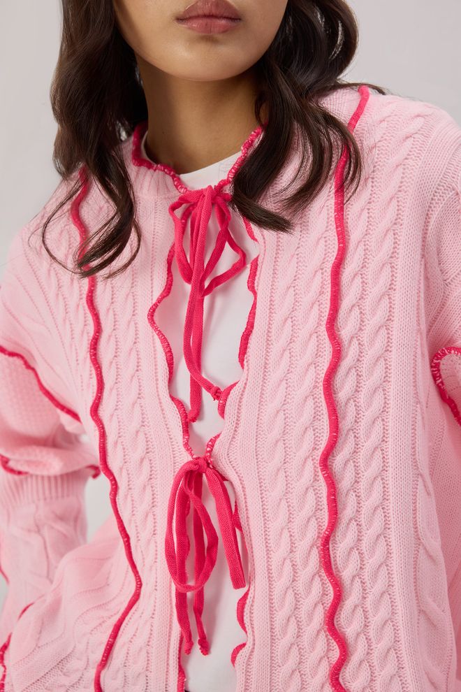Touche Prive Pink Casual Elegant Tie Cardigan With Ruffle Sleeves Wholesale Clothing Lounge