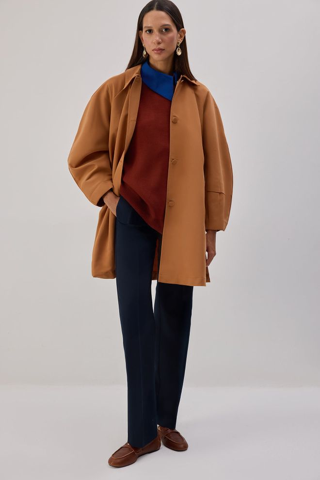 Touche Prive Kahverengi Trençkot Tek Düğmeli Klasik Toptan Giyim Gündelik