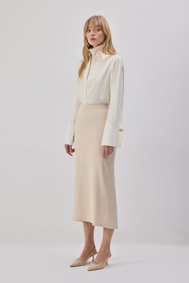 Touche Prive Bež Elegantna Formalna Midi Krilo Svinčnik Oblačila na debelo Skromno