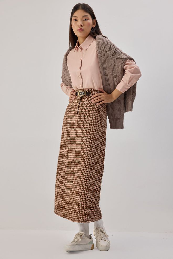 Touche Prive Kahverengi Damalı Yüksek Bel Kalem Midi Etek Toptan Giyim Gündelik