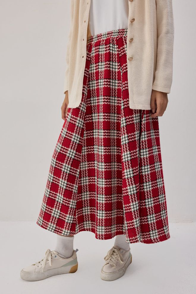 Touche Prive Kırmızı Damalı Orta Bel A Kesim Midi Etek Toptan Giyim Tesettür